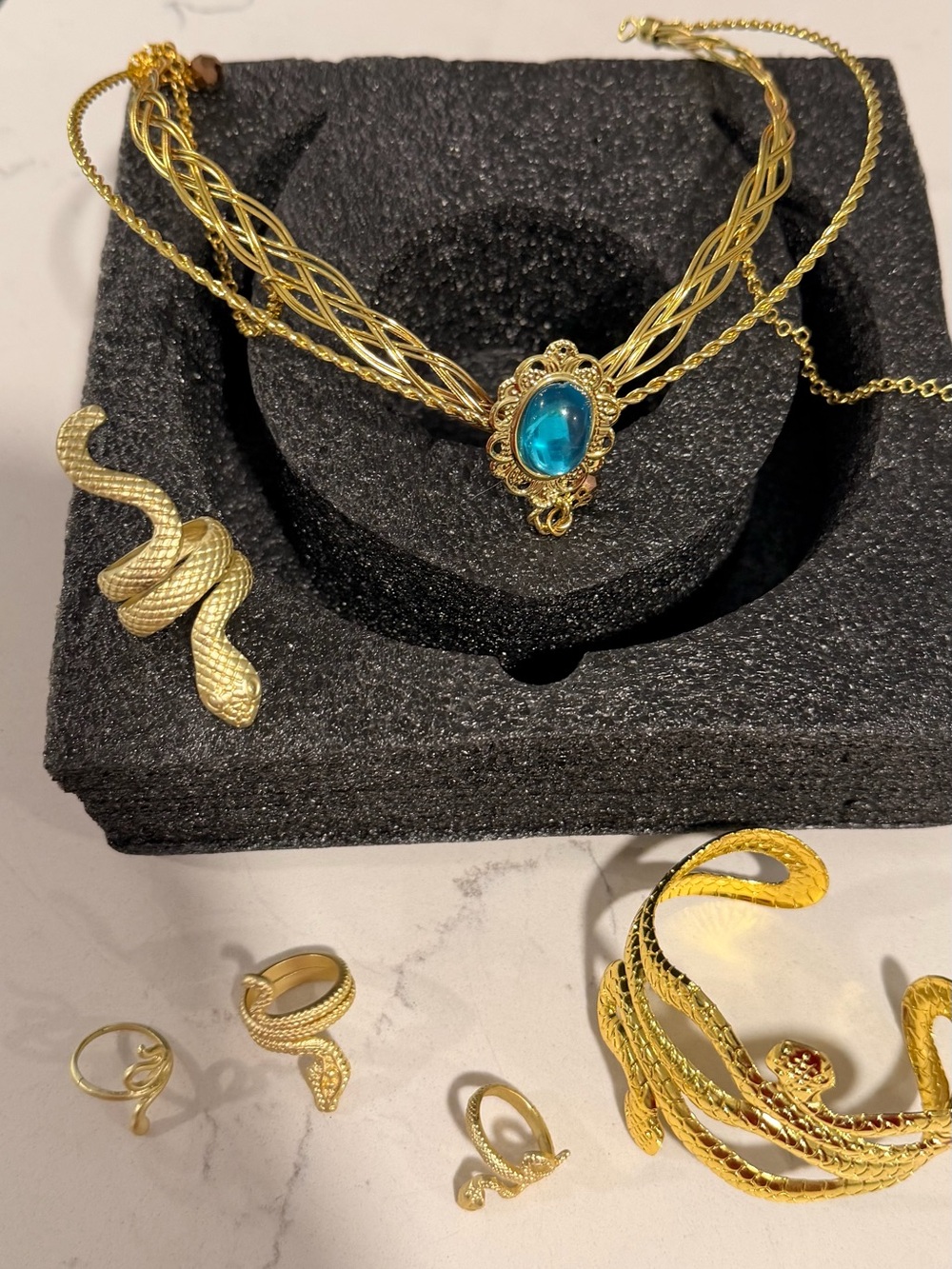 Gold Plated Blue Stone Choker Necklace by, rings, cuff